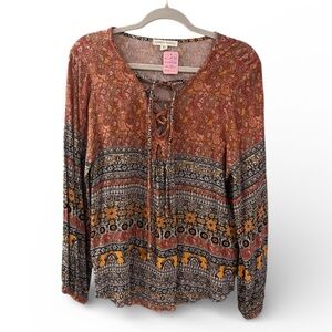 Farmers Market Boho Paisley Floral Mixed Print Lace Up Blouse